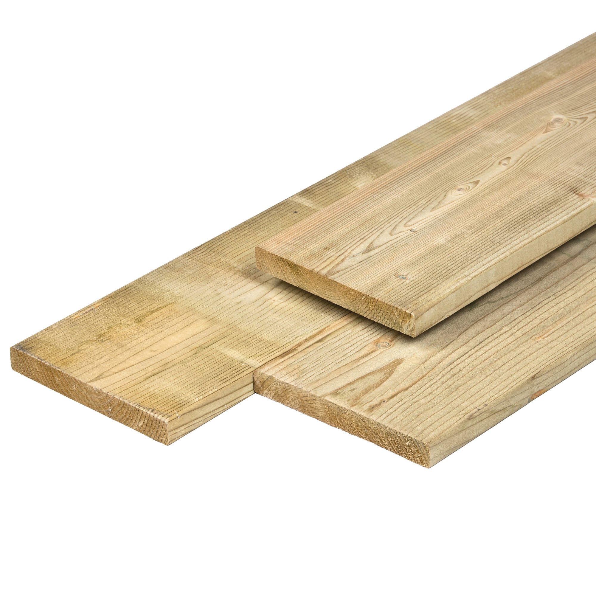 NE vuren plank 1,9 x 14,5 x 510 cm, vers, groen geïmpregneerd, geschaafd, 4 ronde hoeken