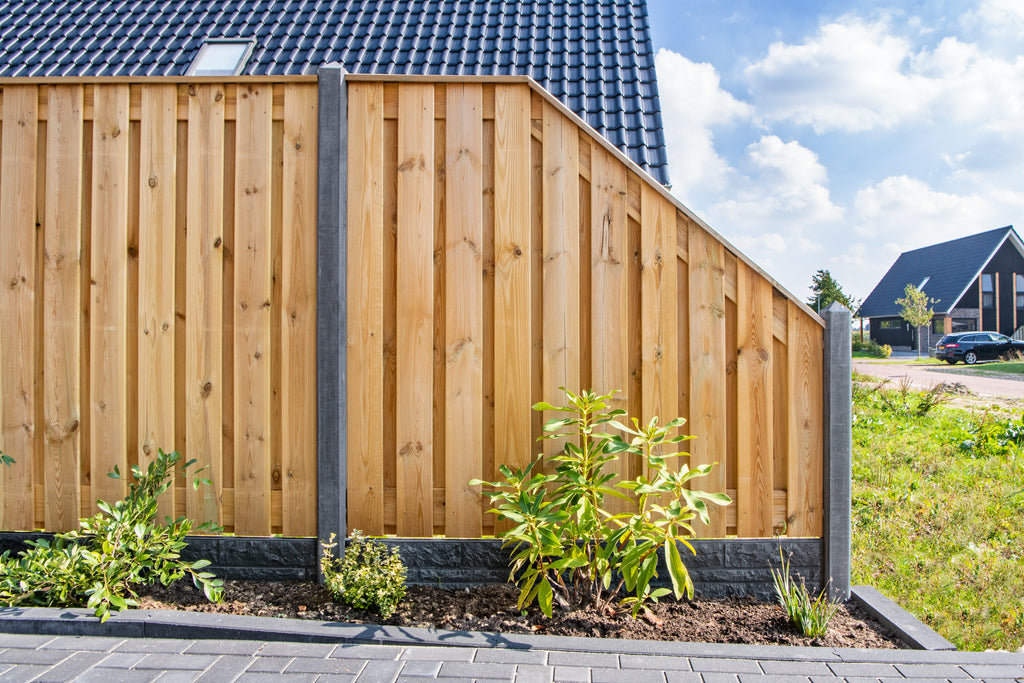 Tuinscherm Enschede verloop, groen geïmpregneerd grenen, RVS-geschroefd, 21-planks (19+2) 180 x 180/90 cm