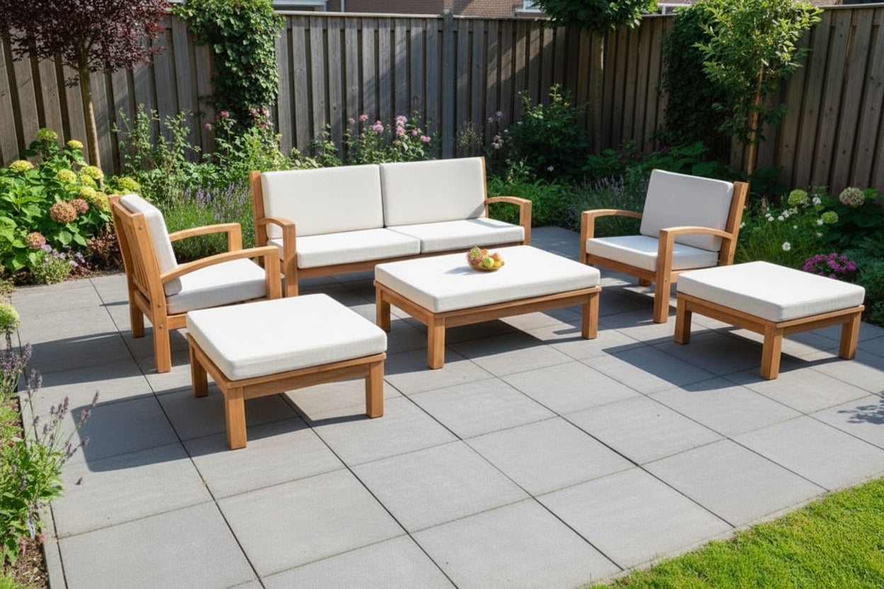 Teak modulaire lounge set Tambora – Bijzettafel/Hocker incl. kussen en glasplaat – 80 x 80 x H30/40cm