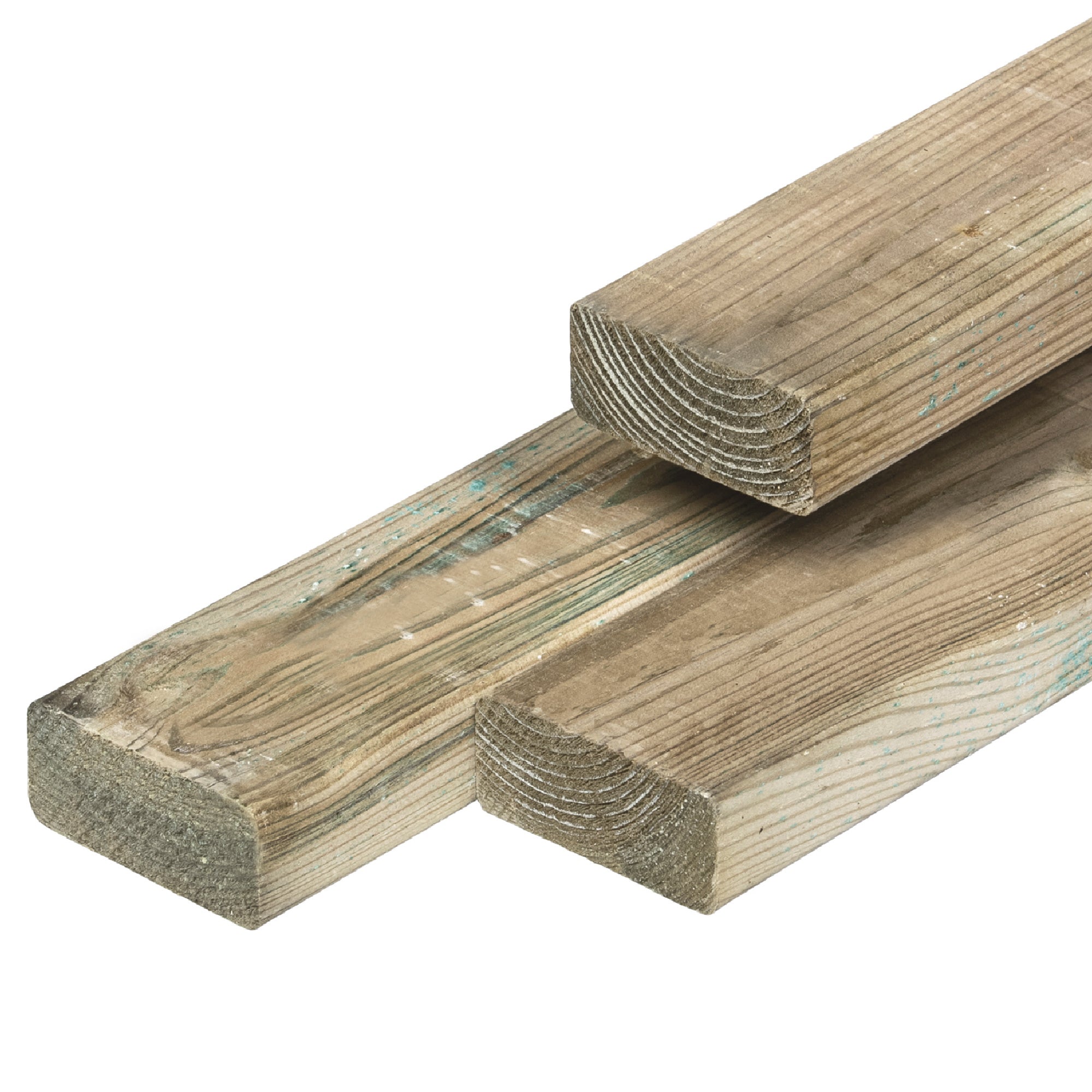 Grenen regel 4,4 x 9,5 x 400 cm, vers, groen geïmpregneerd, geschaafd, 4 ronde hoeken