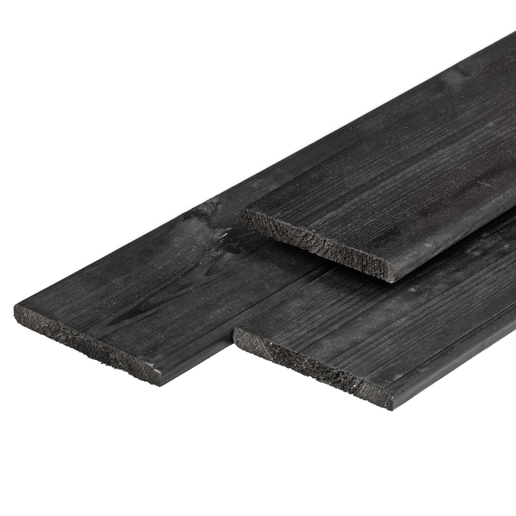 Grenen plank 1,6 x 14,0 x 300 cm, vers, zwart gespoten, geschaafd, 4 ronde hoeken