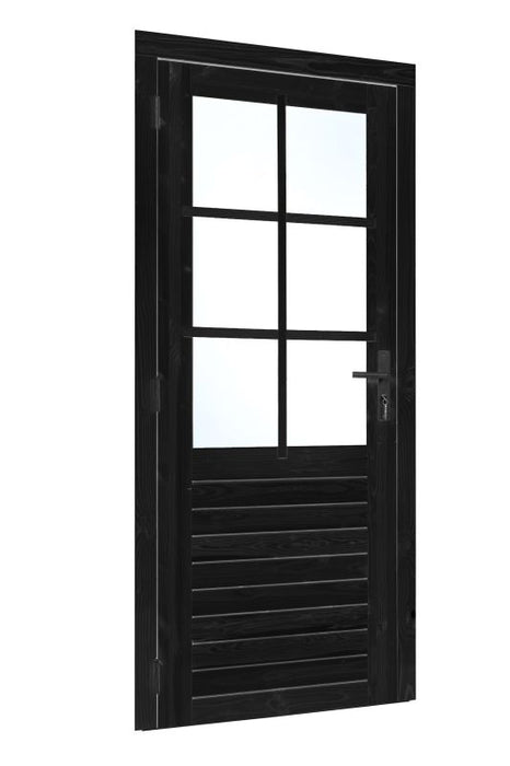 Vuren enkele glas deur 6-ruits zwart gespoten B1000xH2050mm buitenmaat, linksdraaiend