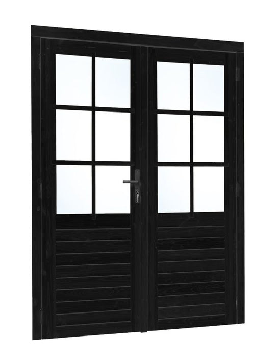Vuren dubbele glas deur 6-ruits zwart gespoten B1850xH2050mm buitenmaat, linksdraaiend