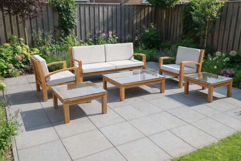 Teak modulaire lounge set Tambora – Salontafel/Hocker incl. kussen en glasplaat - 75 x 120 x H30/40cm