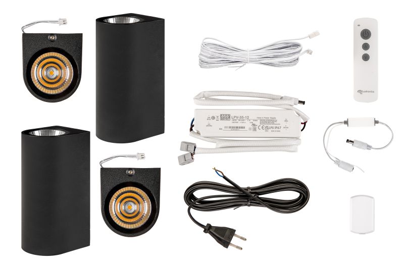 Trafo / verdeler incl. afstandbediening incl. 4 wand spots up/down (incl. kabels en splitter)