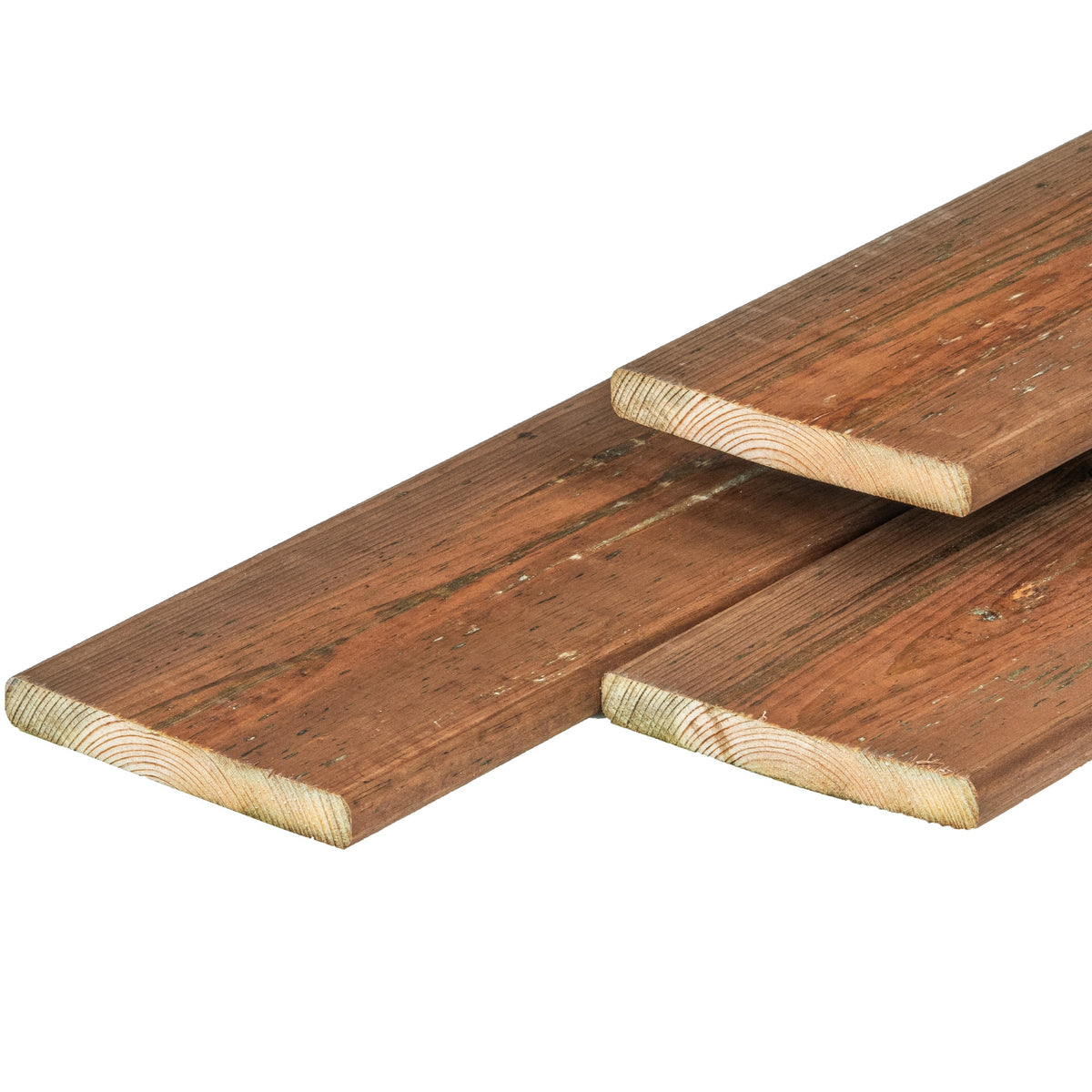Grenen plank 1,6 x 14,0 x 180 cm, vers, bruin geïmpregneerd, geschaafd, 4 ronde hoeken