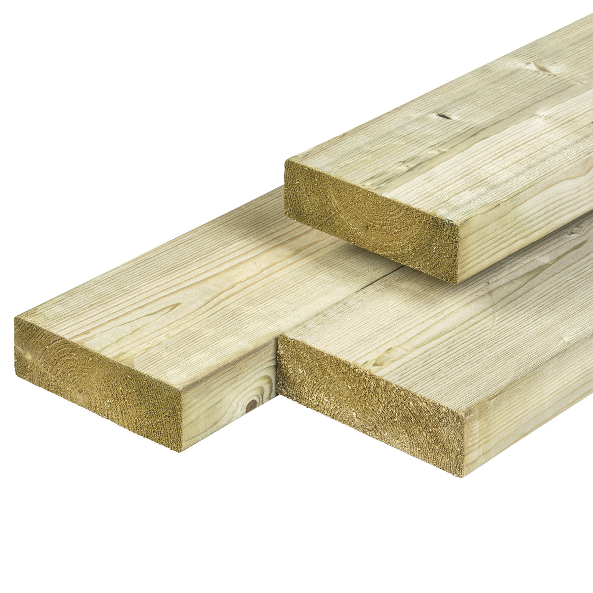 NE vuren ligger 4,5 x 14,5 x 390 cm, gedroogd, groen geïmpregneerd, geschaafd, 4 ronde hoeken