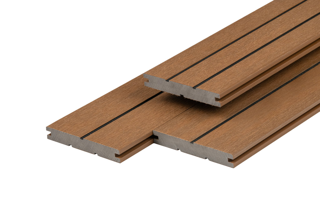 PuraDock composiet vlonderplank 2,2 x 14,6 x 290 cm, teak, massief, 1 zijde 1 groef, 1 zijde 2 groeven, fijne houtnerf, clip systeem
