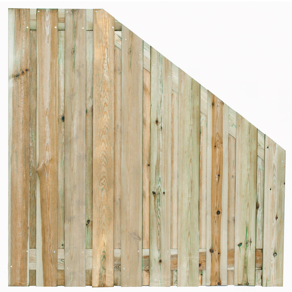 Tuinscherm Enschede verloop, groen geïmpregneerd grenen, RVS-geschroefd, 21-planks (19+2) 180 x 180/90 cm