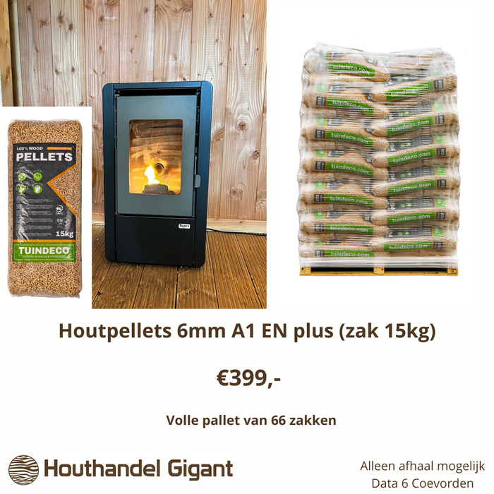 Houtpellets 6 mm A1 EN plus zak van 15 kg Volle pellet (66 zakken)