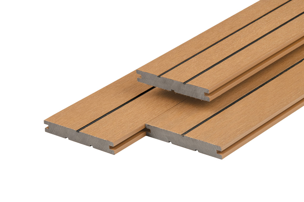 PuraDock composiet vlonderplank 2,2 x 14,6 x 390 cm, cedar, massief, 1 zijde 1 groef, 1 zijde 2 groeven, fijne houtnerf, clip systeem
